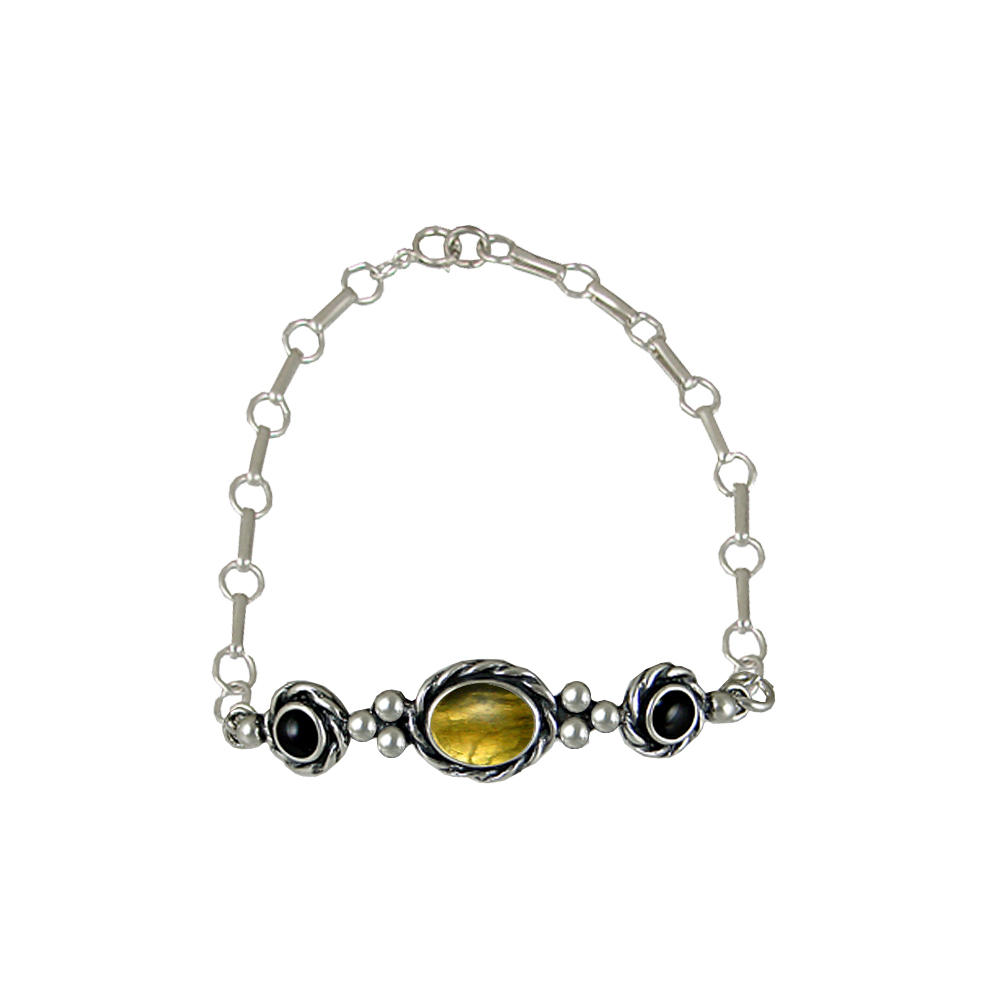 Sterling Silver Gemstone Adjustable Chain Bracelet With Citrine And Black Onyx